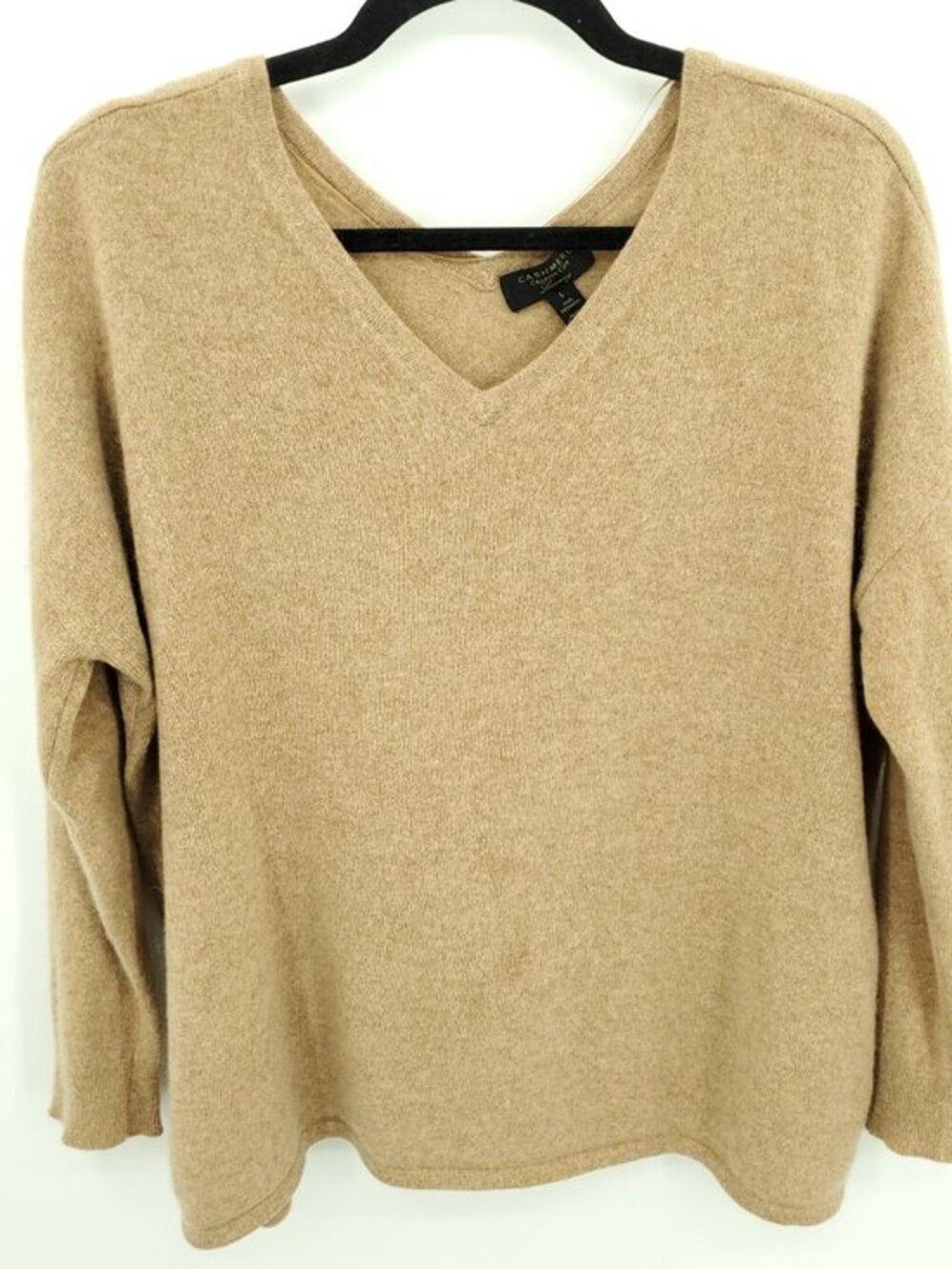 Charter Club 100% Cashmere Relaxed Fit 3/4 Sleeve V-Neck Sweater L Tan